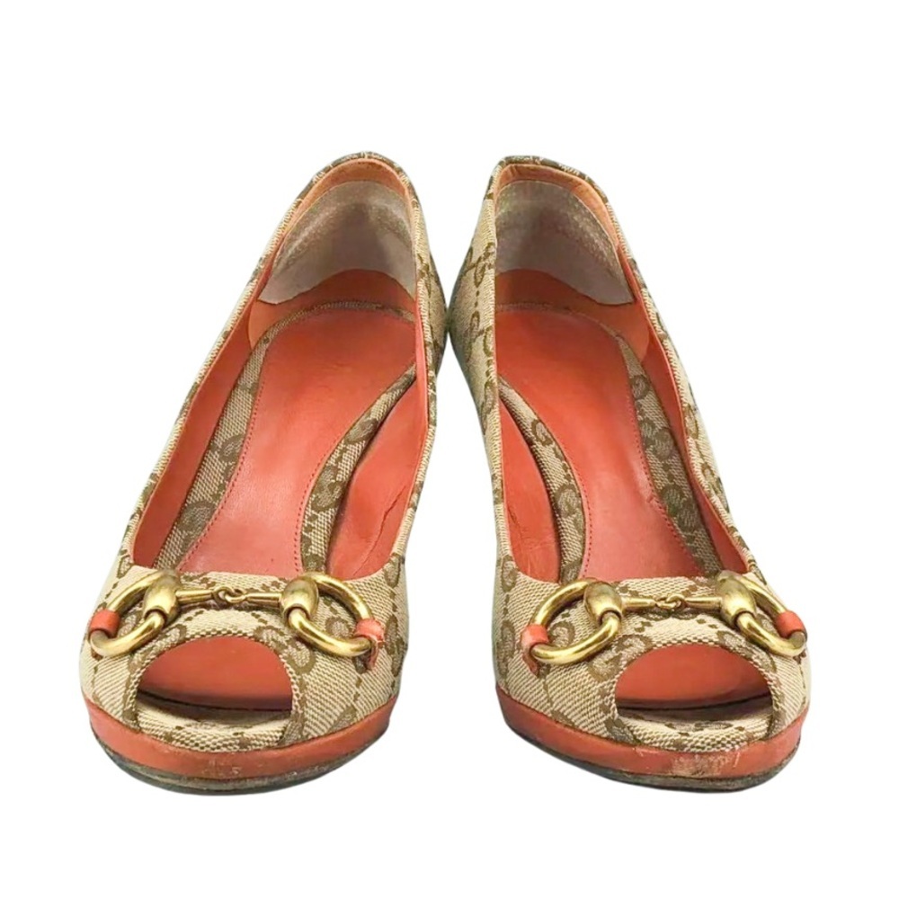 Gucci GG Canvas Horsebit Peep Toe Heels Pumps Size 36 - Picture 4 of 8